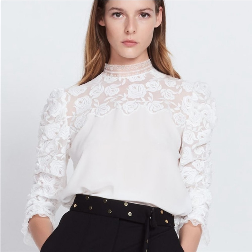 Sandro White Lace Long Sleeve Blouse High Neck